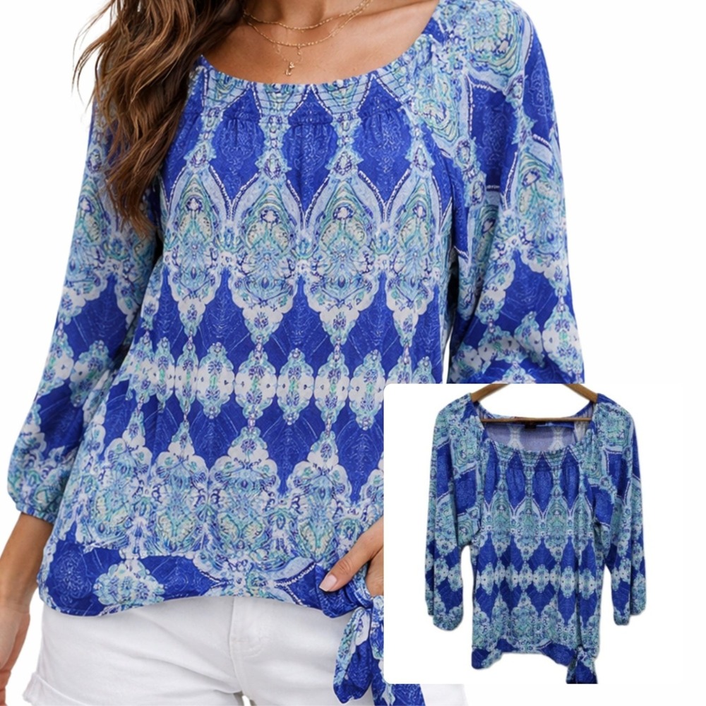 Peck & Peck Boho Paisley Blouse Tie‎ Waist Square Neck 3/4 Sleeve L